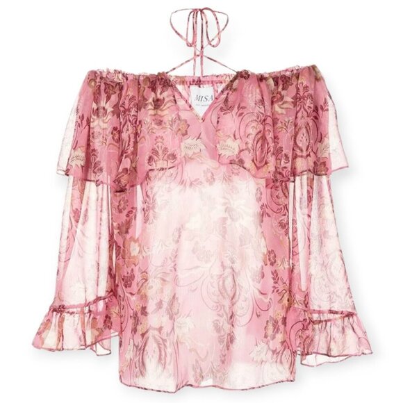 Misa Los Angeles Soraya Floral Pink Ruffle Barbiecore Chiffon Top size S EUC - Picture 2 of 15